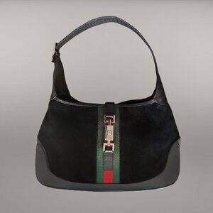 GUCCI Black Suede Jackie Sherry Bouvier Stripe Hobo Bag Leather